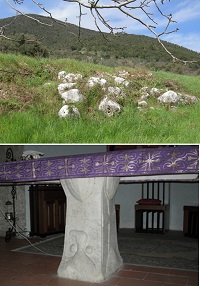 Particolare delle evidenze archeologiche e bassorilievo dell'altare del V sec. a Lugnola.